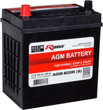 Аккумулятор RDRIVE OEM AGM S34B20R 40L 330A 201x135x224 40Ач прямая пол.