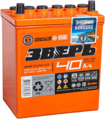 Аккумулятор ЗВЕРЬ 55B19R (40L) 40Ач 380А прям. пол.